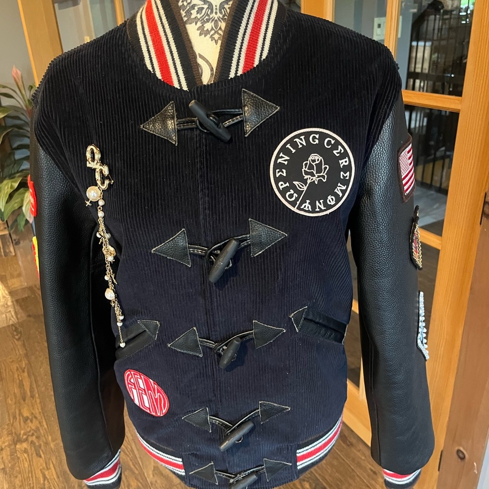 Opening Ceremony Blue and Black Varsity Jacket with Embroidered Patches